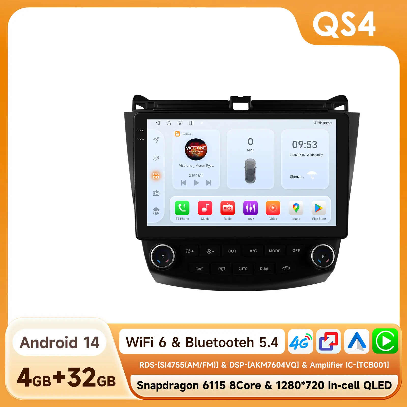 6115 Carplay Android 14 Autoradio Voor Honda ACCORD 7 2003-2007 Autoradio Multimedia speler GPS 360 Camera scherm door Snapdragon
