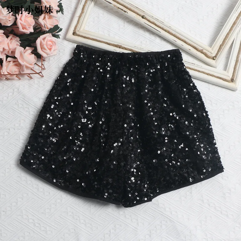 Blingbling Shiny Sequins Wide Leg Pants Elegant Lady Elastic Waist All-match Spring Summer Loose Straight A-line Casual Shorts