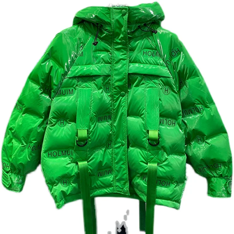 Roupas de inverno femininas jaqueta verde moda feminina parkas curtas brilhante cor doce com capuz grosso quente carta pato branco para baixo casaco