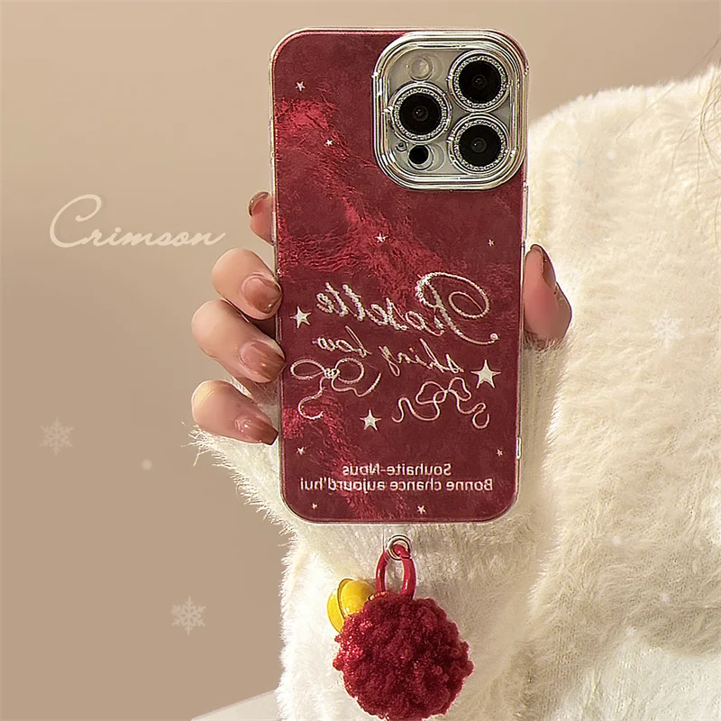 Glacier patterned red background white English phone case with red ball and yellow bell pendant for iPhone 1112 13 14 1516promax