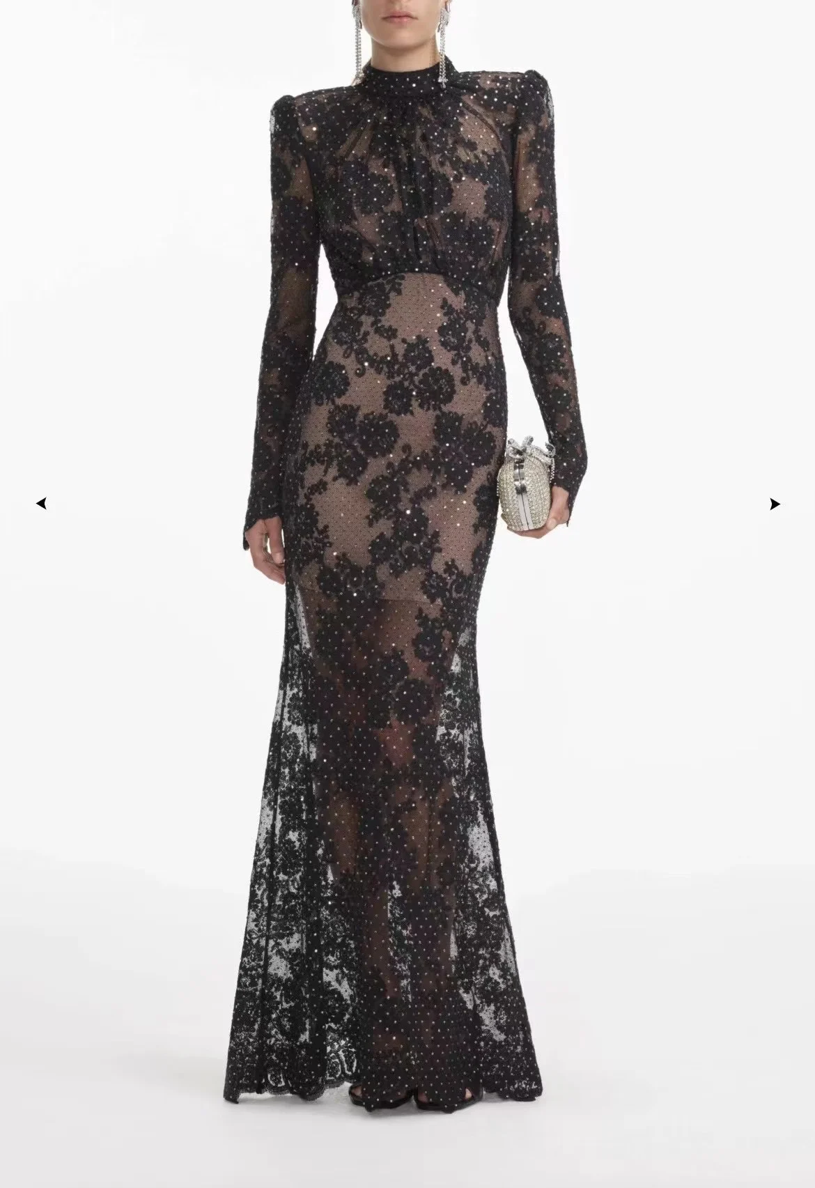 2024 Black White Sexy Lace Long Sleeve Lace Patchwork See Through Diamonds Maxi Dress for Women