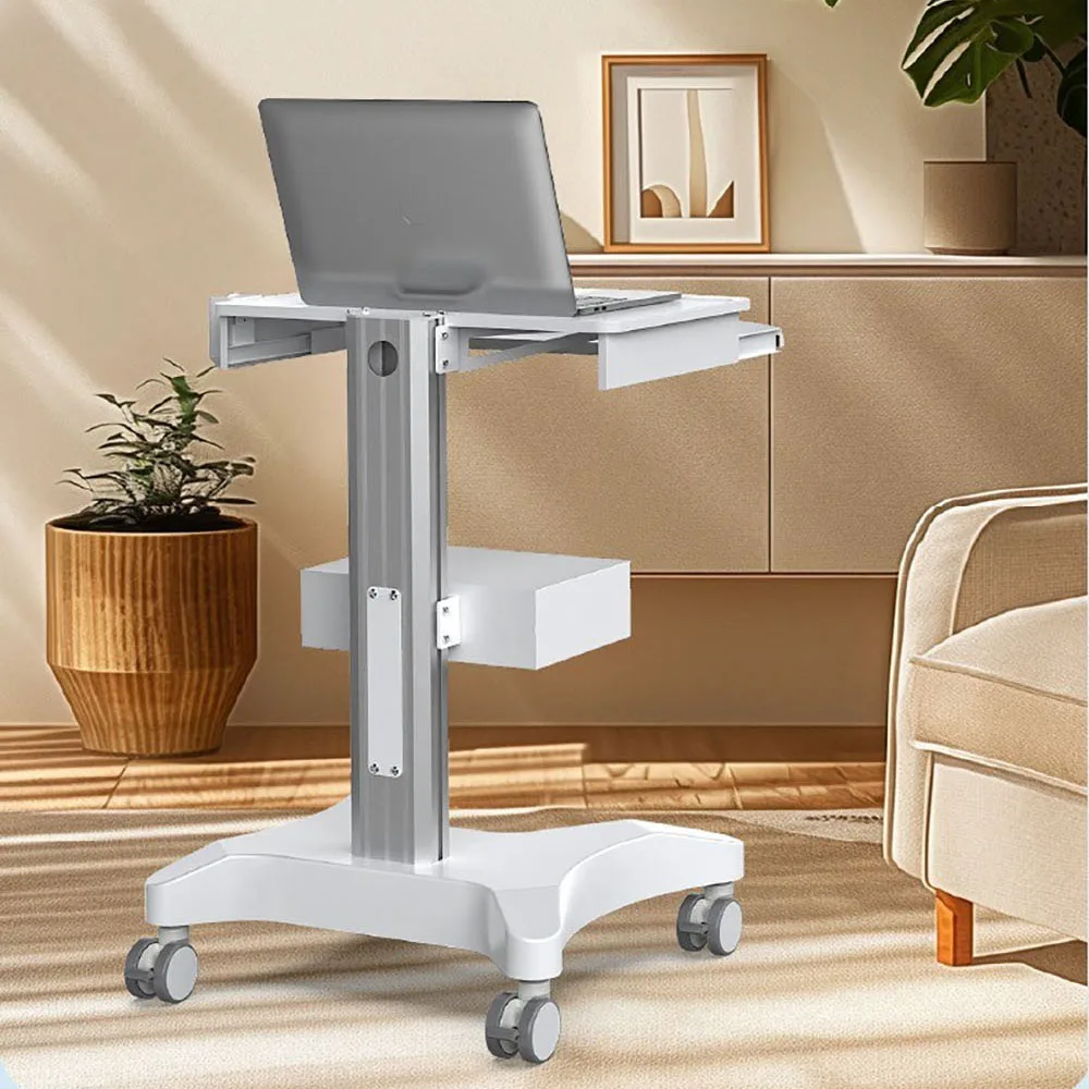 Height Adjustable Dental Intraoral Scanner Trolley, Mobile Medical Laptop Cart with Custom Scanner Holder, Lockable Drawer, Sile