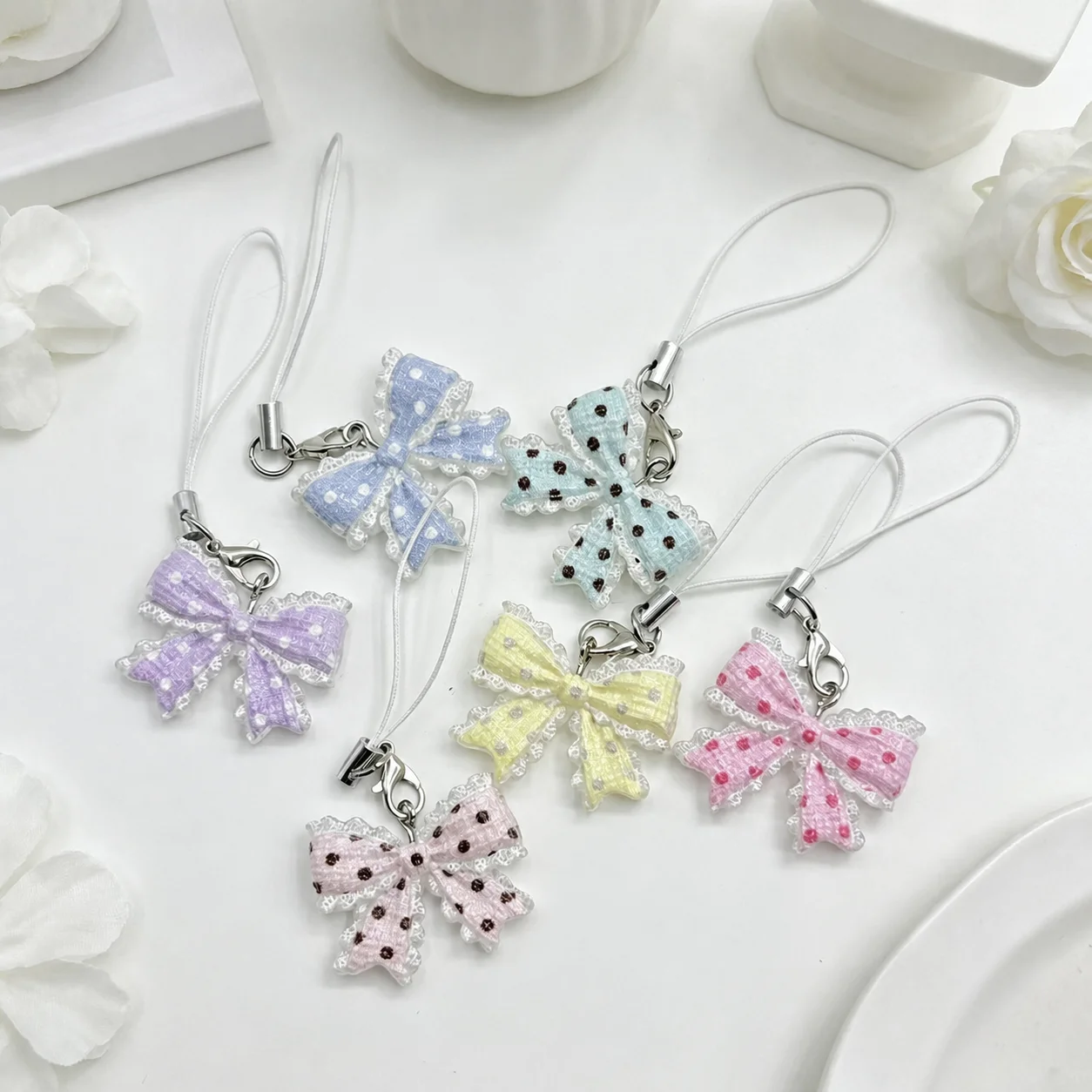 Cute Polka Dot Lace Bow Key Chain Sweet Fashion Backpack Hanging Pendant Charm Keyring Gift Mobile Phone Key Ring Accessories