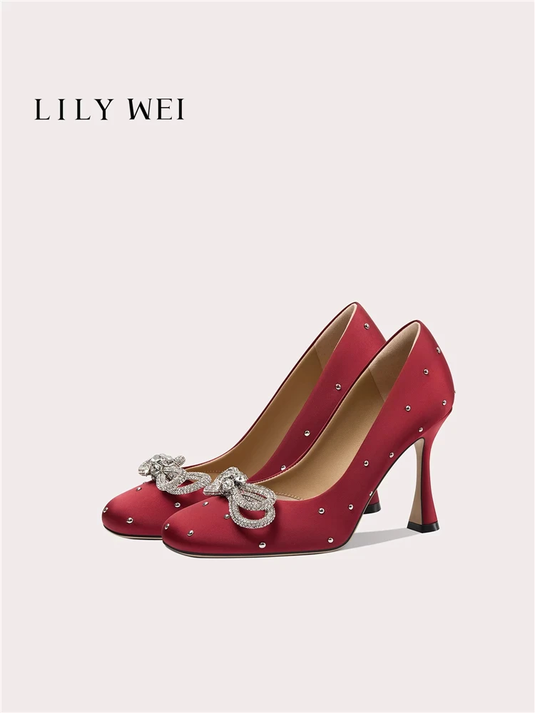 

Туфли-лодочки на шпильке с квадратным носком, из замши и атласа, с бантом и стразами, для банкетов, большие размеры, женские туфли