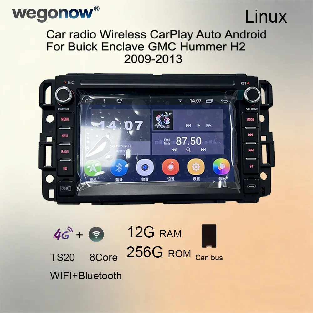 Radio para coche de 7 pulgadas con pantalla IPS, sistema Linux, para Buick Enclave, GMC Hummer H2 2009-2013, CarPlay inalámbrico, Android Auto, 4G LTE, WiFi, Bluetooth.