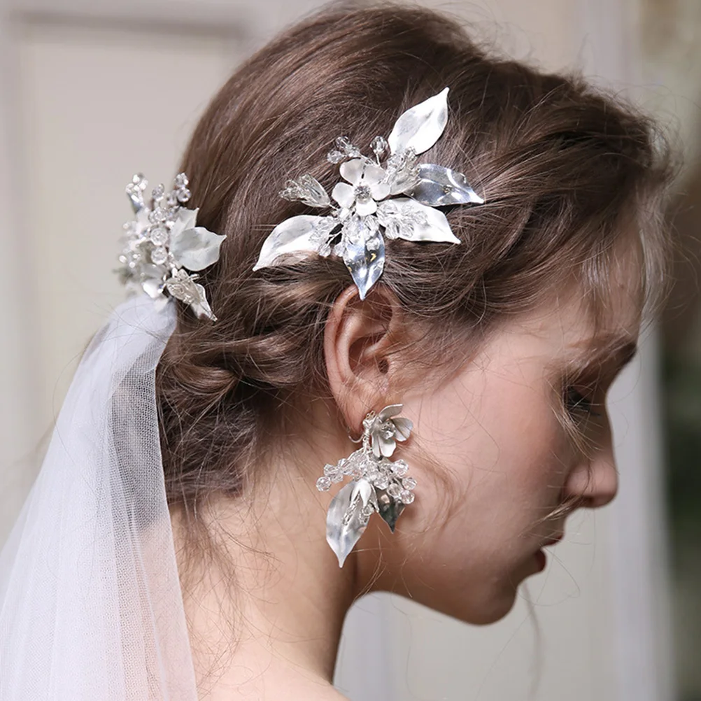 

Elegant Vintage Flower Hair Comb Rhinestone Accessories for Bridal Bride Bridesmaid Party Prom Silver Side Clip Beautiful Leaf