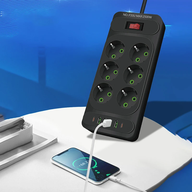 Multiprise prise UE avec ports USB de type C, multiprise CA, rallonge de 2m, filtre réseau, maison et bureau