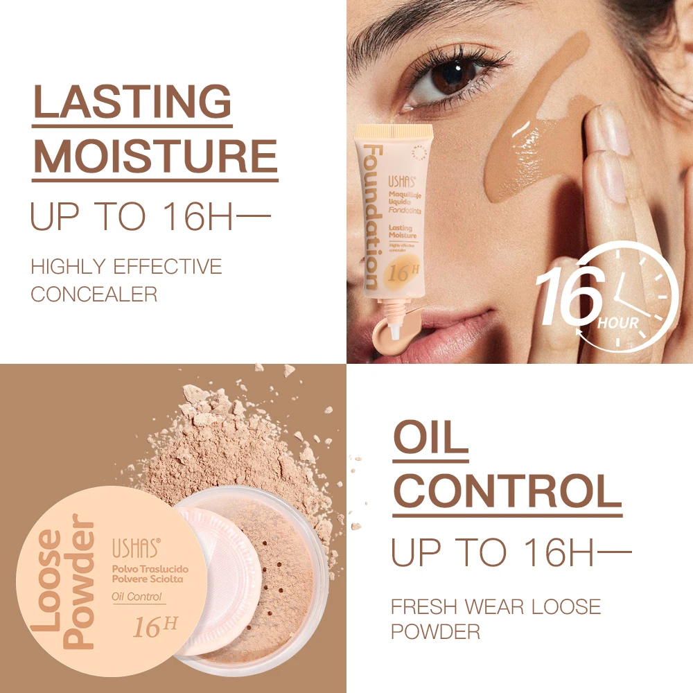ชุดเริ่มต้น USHAS คอนซีลเลอร์ + แป้ง 3 สี คอนซีลเลอร์ติดทนนาน ควบคุมความมันและให้ความชุ่มชื้น