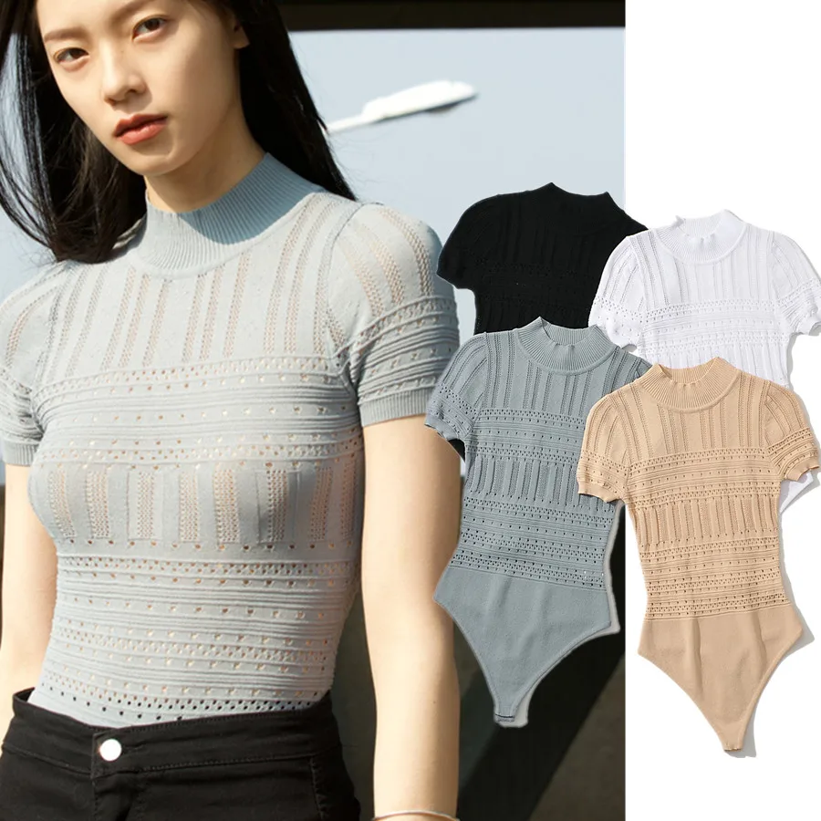 

Jenny&Dave England Style Summer Knitted Hollow Out Sexy Elegant Boysuits Women Office Lady Simple Fashion Tops