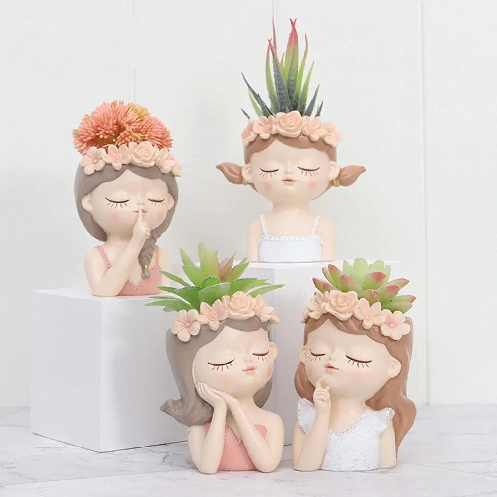 Female Head Flower Pot Human Cute Portrait Fleshy Succulent Bonsai Planter Resin Girl Vase Sculpture Indoor Plant Pot Flowerpot