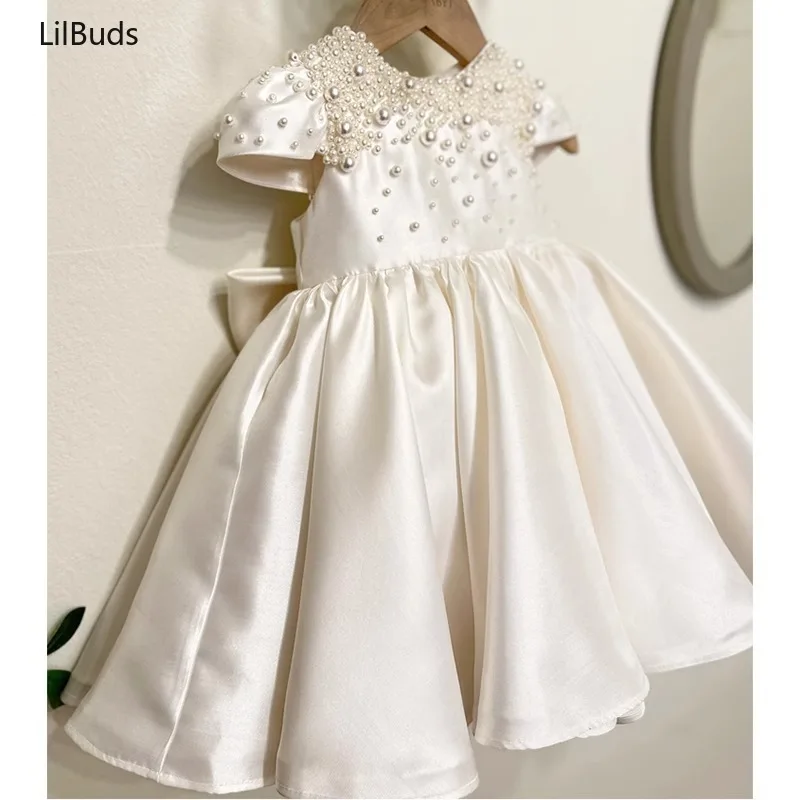 High End Handmade Baby Girl White Satin Dress Elegant Toddler Princess Dresses for Birthday Party Wedding Clothes Cute Vestidos