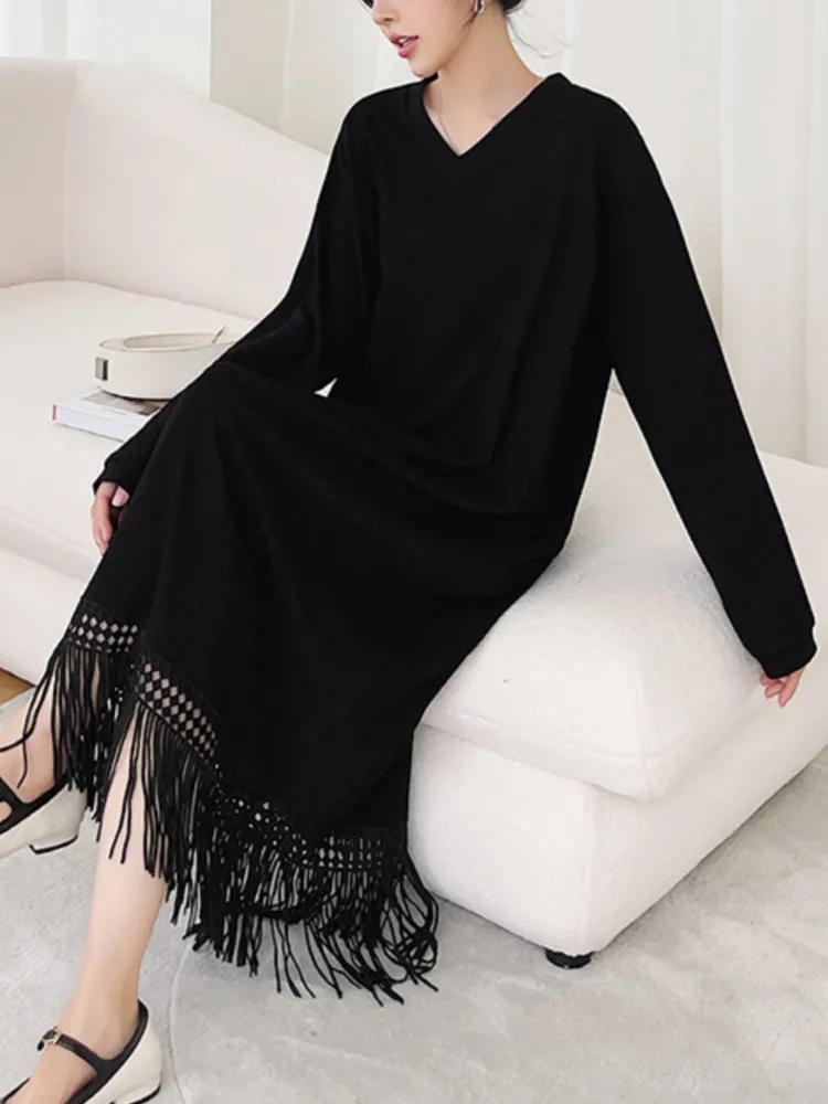 Vestido negro de manga corta con cuello en V para mujer, Camiseta holgada con borlas, Sexy, elegante, recto