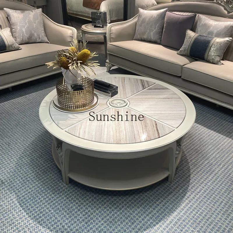 

French light luxury round coffee table solid wood carving flower emerald dream blue brushed furniture