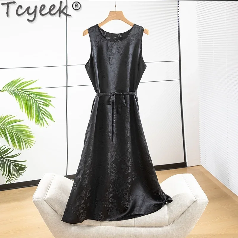 

Tcyeek 100% Real Mulberry Silk Dress Women Summer Clothes Black Dress 2024 Elegant Women's Dresses Sleeveless Vestidos De Mujer