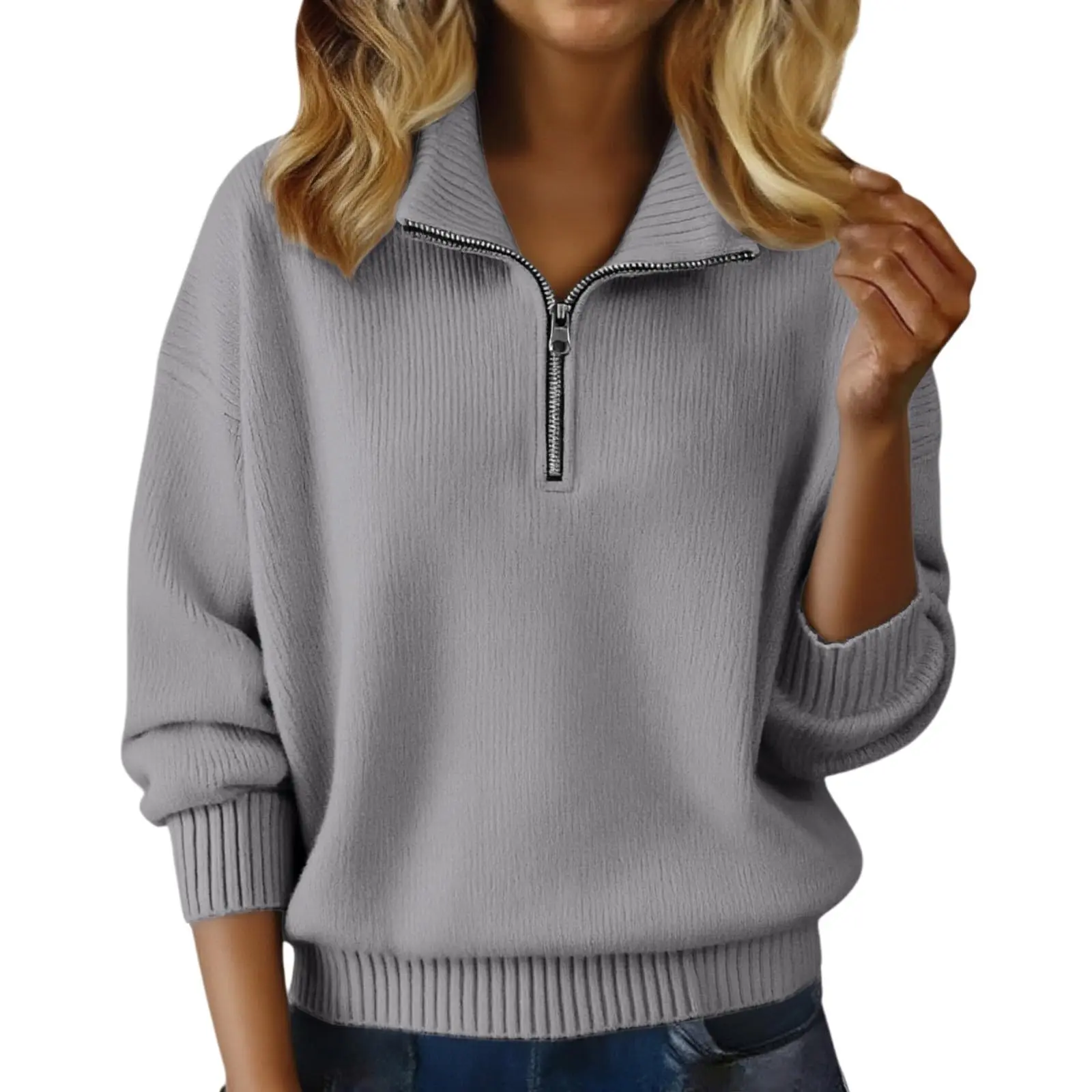 Sweaters For Women Zip Long Sleeve Loose Fit Pullover Sweater Woman Clothes Pulls Femmes Ropa De Mujer Sweater For Woman