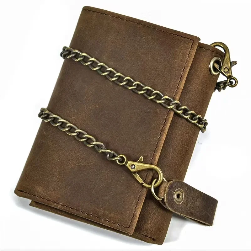 HUMERPAUL Crazy Horse Leather Wallet for Men with Anti-theft Chain Trifold Male Clutch Money Bag Luxury Small Coin Key Purse