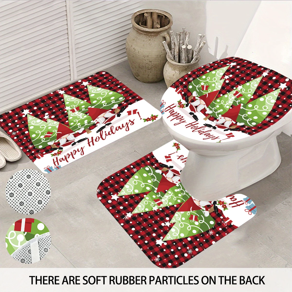 

4pcs red checkered Christmas tree print bathroom set waterproof shower curtain 12 hooks toilet pad U-shaped pad floor mat