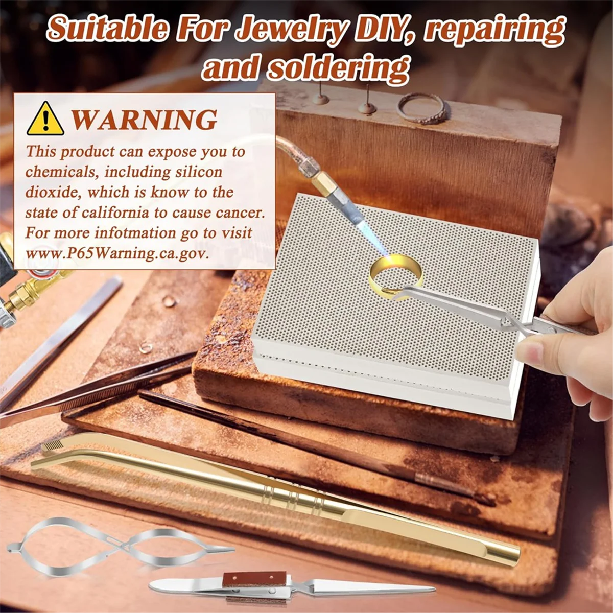 A79G Kit per saldatura di gioielli da 7 pezzi, 2 blocchi di saldatura a nido d'ape, 1 pinze in rame, 2 pinzette per saldatura, 1 clip in metallo, 1 sacchetto di immagazzinaggio