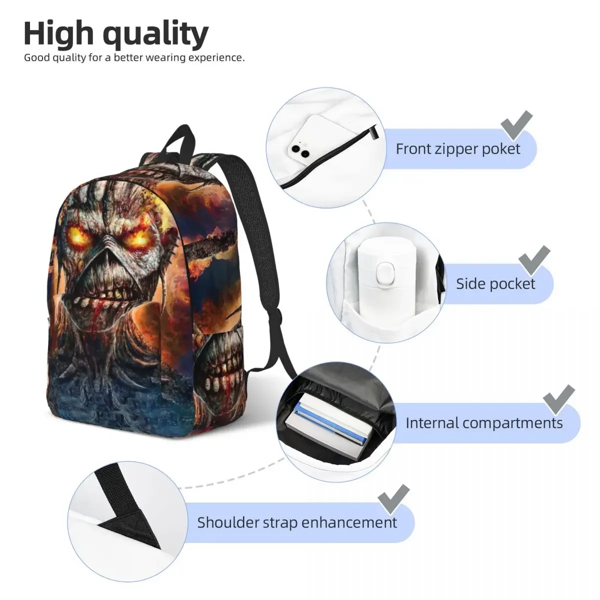 Iron Maidens Music Rock Band Backpack for Men Women Teenage Student Business Daypack College Canvas Bags Outdoor