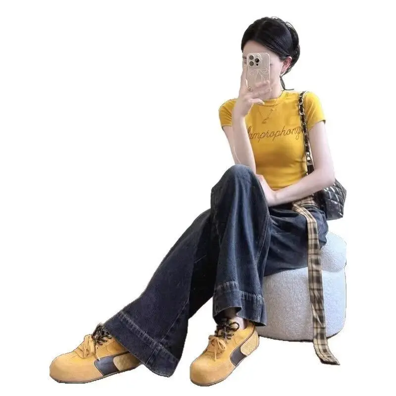 

Retro Patchwork Cuffed Denim Jeans Women Loose Feel High Waist Floor Length Wide Leg Knife Pants Blue Cotton Blend