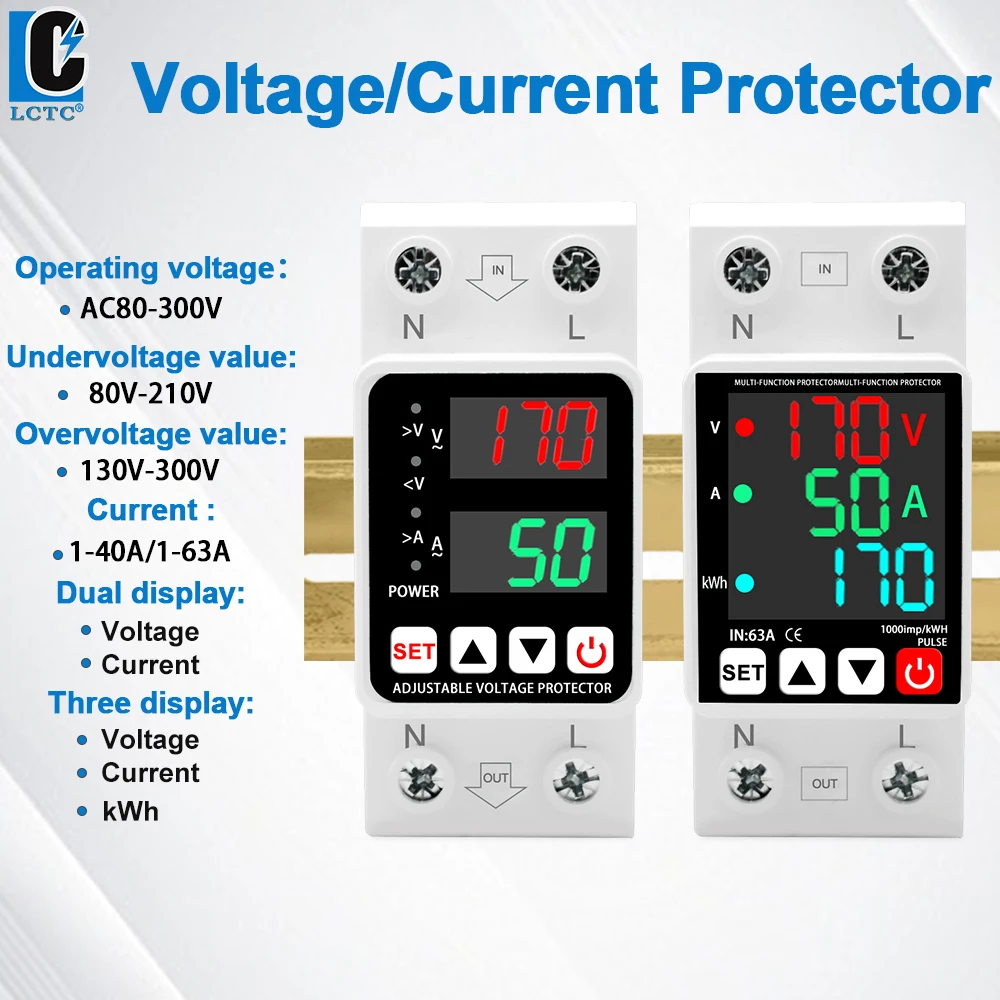 LCTC Adjustable Over Voltage and Under Voltage Protector 40A 63A 220VAC Digital Display kWh Voltage Protection Relay