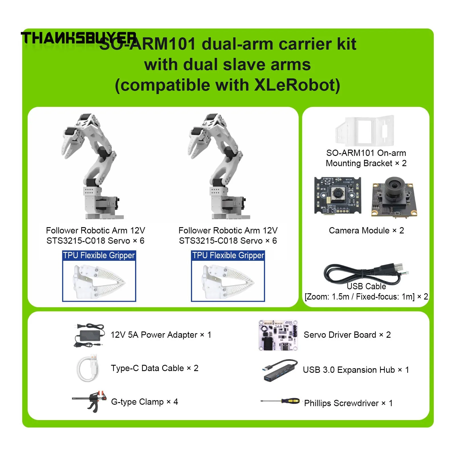 SO‑ARM101 Pro 6DOF Dual Follower Robotic Arm TPU Gripper for XLerobot Optional 2MP Fixed Focus 60FPS Zoom 30FPS Or No Camera