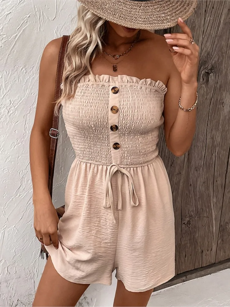 Women's Summer New Fashionable Solid Color Sexy Sleeveless Strapless Button Tied Waist Cinching Jumpsuit Three Part Shorts