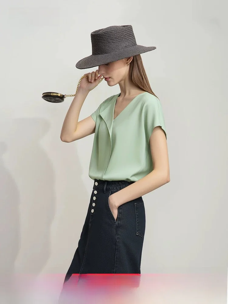 

Ele Asymmetric V-Ne ort Sve Women's Chiffon Top for Commuting Summer New Sle i Straight Cut Polyester Fiber