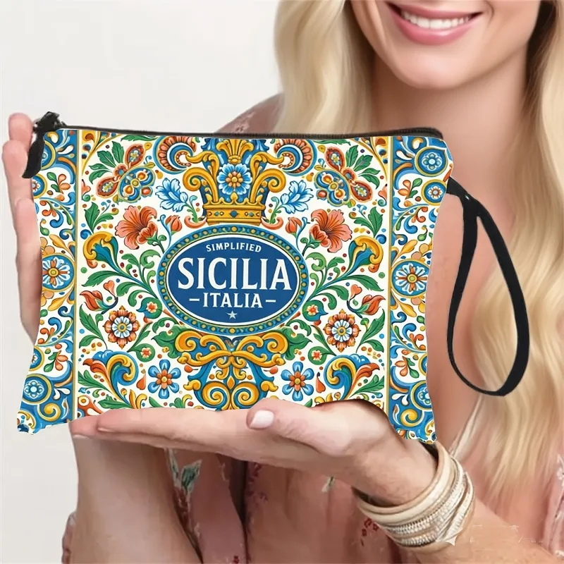 Vintage Italian Floral Print Wrist Strap Toiletry - Sicilian Pattern Travel Organizer with Zipper Closure, Lightweight Case Suit