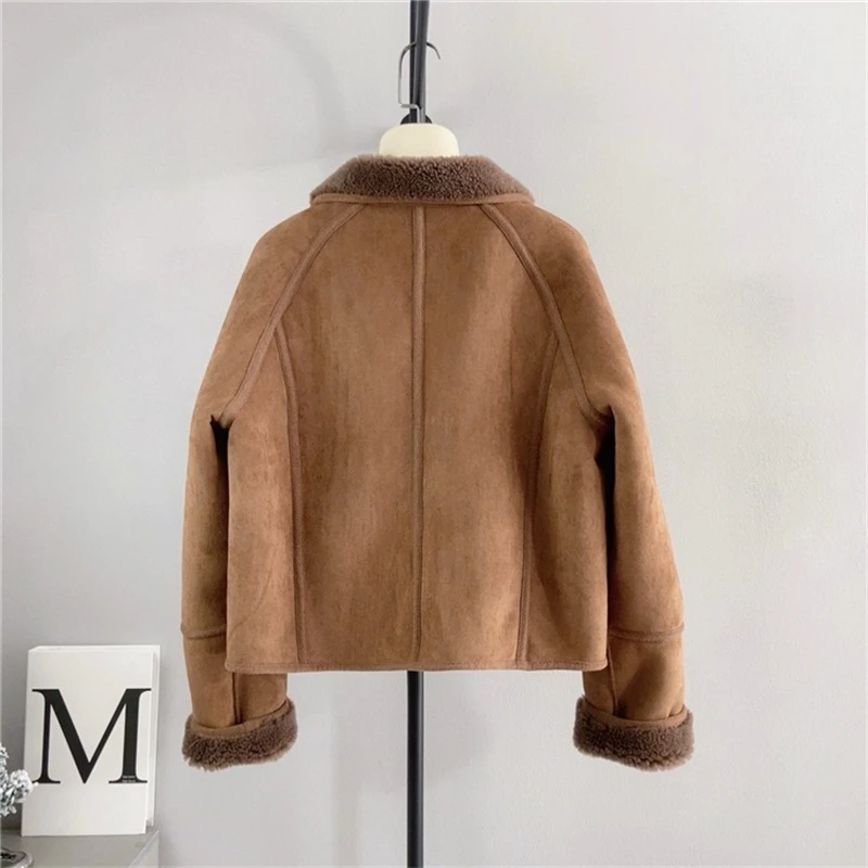 2024 Autumn and Winter New Pure Wool Suede Jacket Women Locomotive Sheep Shearling Lamb Wool Coat PT4131