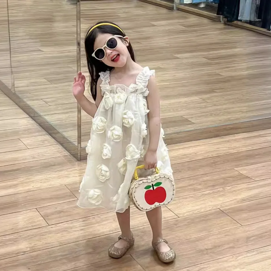 Korean Version of Childrens Clothing Summer Girl 2024 New Rose White High-end Sleeveless Princess Dress Trend