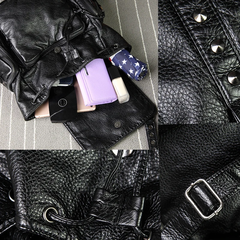 SHELKSBAG Iris Punk Gothic PU Leather Woman Backpack High Quality Rivet Studded Adult Back Packs Large Capacity Black School Bag