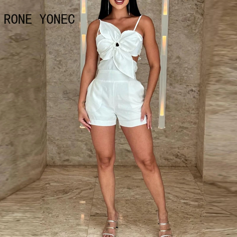 Women Solid Spaghetti Strap Sleeveless Three Dimensional Decoration Midriff Straight Rompers