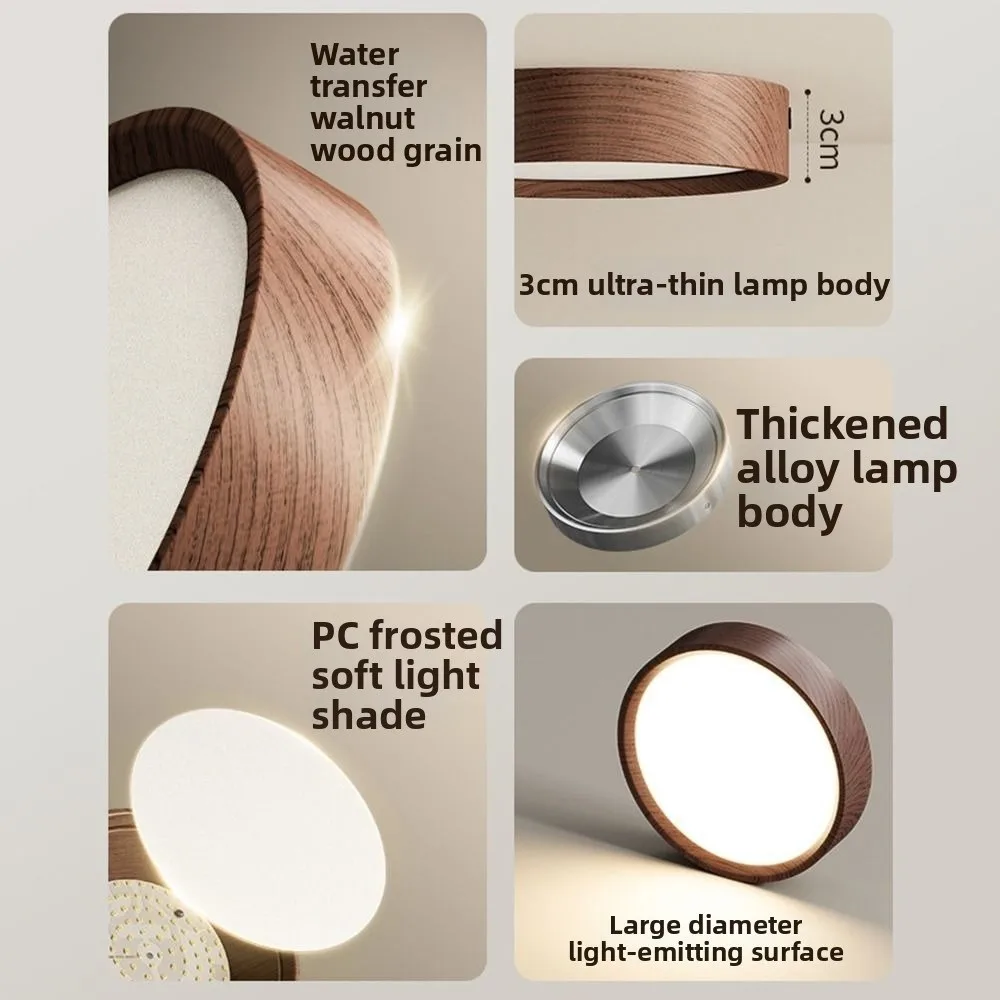 Walnut Wood Grain LED Ceiling Light 7W 12W 15W 24W Ultra Thin Circular Ceiling Lamp 3 Color Change Light Modern Spot Light