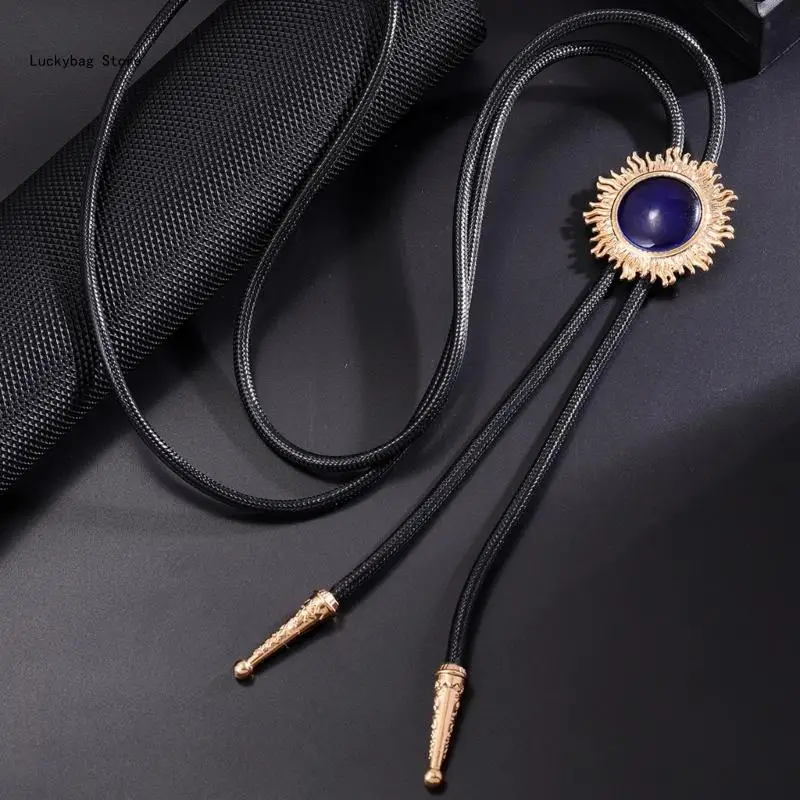 Stylish Sun Stone Bolo Tie Cowboy Vest Accessory Braided Rope Adjustable Necktie Jewelry Pendant Necklace