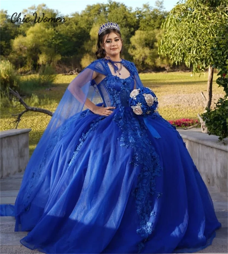 Fancy Royal Blue Quinceanera Dresses With Cape Stunning Customized Lace Ball Gown Prom Dress Elegant Beaded vestidos de 15 años