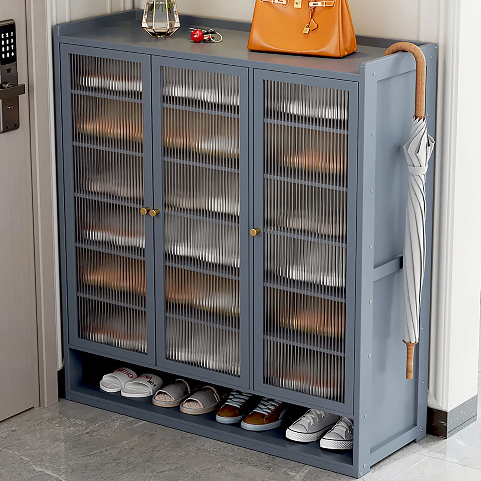 Gabinete para zapatos Organizador independiente Zapatero Estante a prueba de polvo Soporte para almacenamiento de zapatos 8 niveles 3 puertas