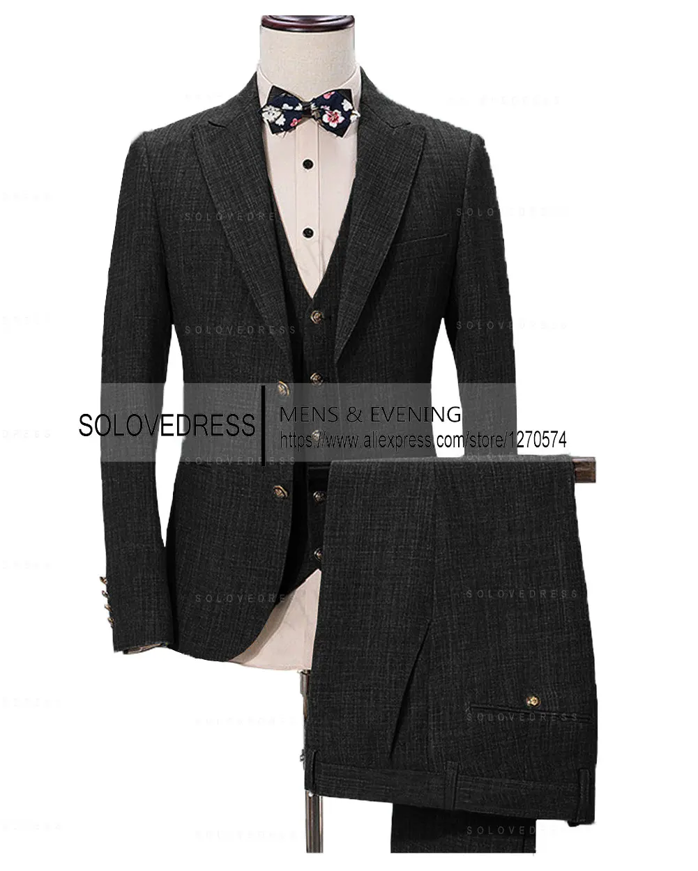 Men\'s 3-Piece Linen Suit Casual Slim Fit Vintage Suits Groomsmen Tuxedo Wedding Blazer Pants Set