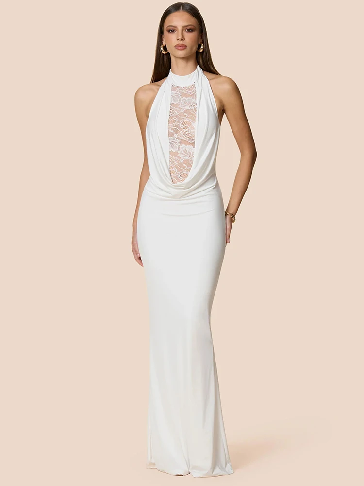 فستان ماكسي مثير من الدانتيل برقبة على شكل V من Mozision فستان نسائي أنيق من الدانتيل الشفاف مكشوف الأكتاف بدون ظهر فساتين طويلة للحفلات والنوادي #3