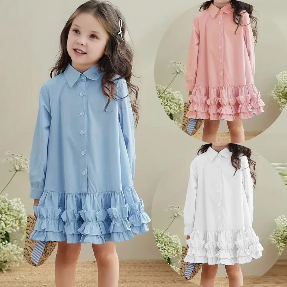 

Платье для девочек с длинным рукавом и воротником-рубашкой, лоскутное, весна-осень 2025, милое многоярусное платье-тортик для 3-8 лет, на рост 90-140 см