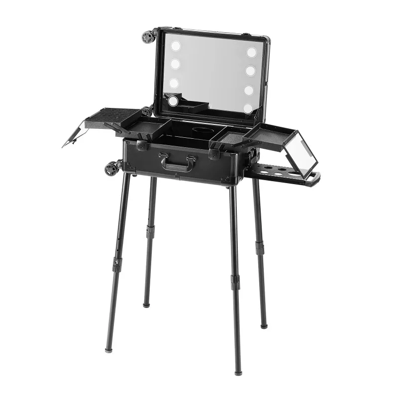 Makeup Train Case with Lock Lighted Mirror 4 Storage Tray Holder Speaker Travel Cosmetic Organizer Box w/ Swivel Wheels