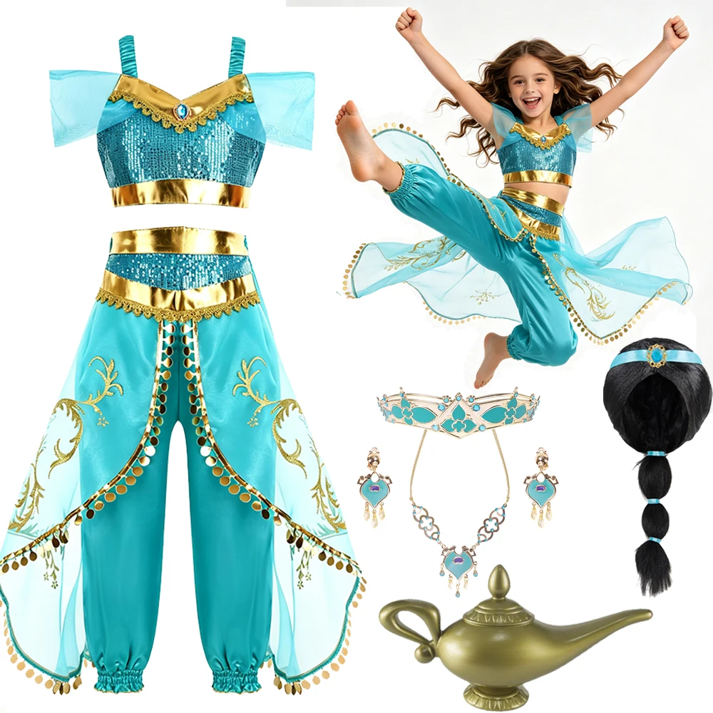 Jasmine Blue Dress Up Set Leichtes Aladdin-Kostüm mit Halskette, Ohrringen und Kopfschmuck für Kinder, Halloween, Karneval, Cosplay – Detail 2