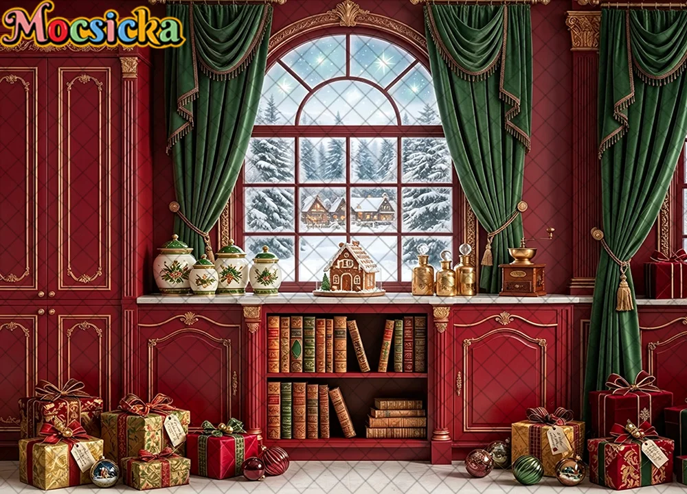 Mocsicka Christmas Photography Backdrop Vintage Red Kitchen Window Snowy Scene Gift Boxes Kids Portrait Photo Booth Background