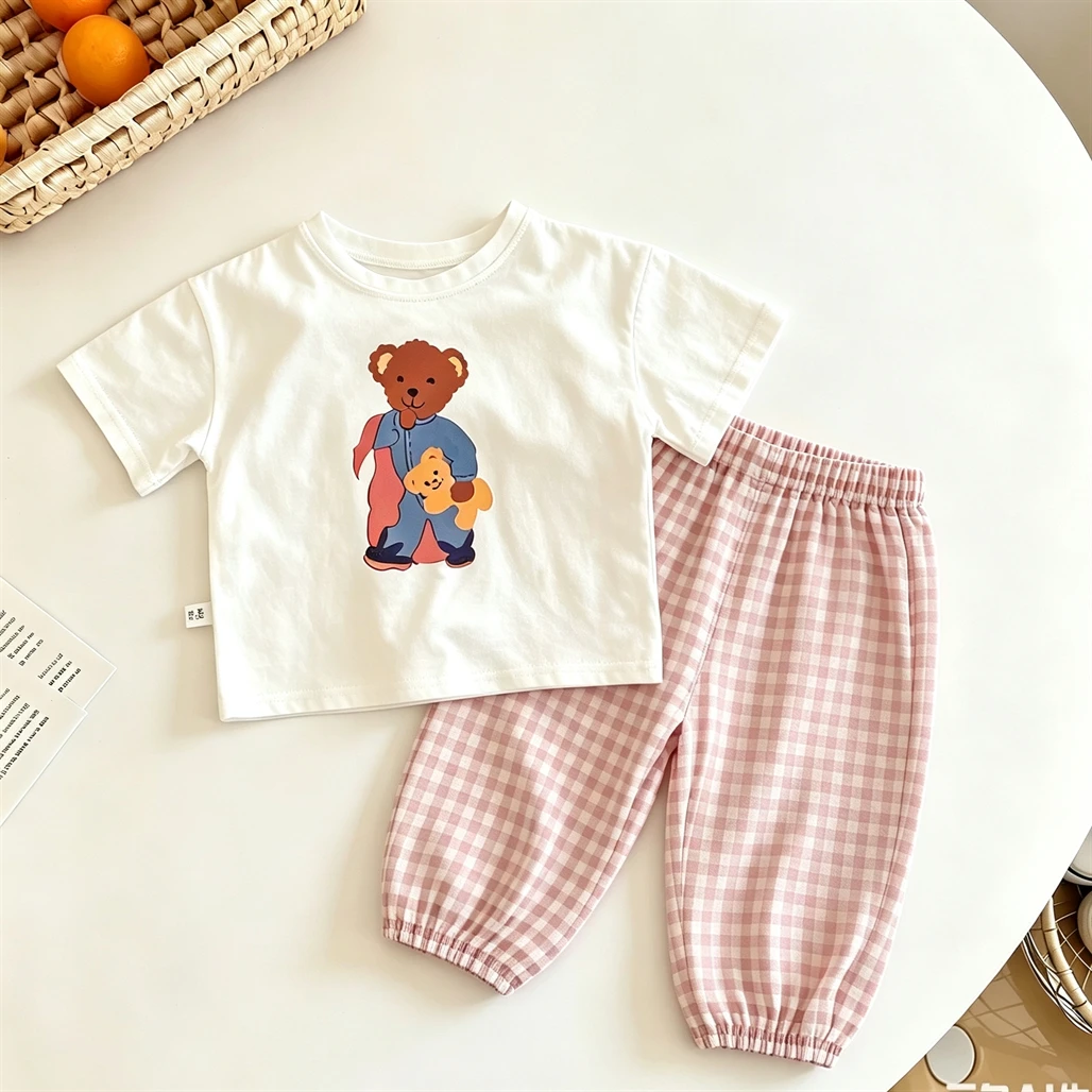 Cute T Shirt Plaid Pants 2pcs Fashion Casual Costume Kids Trendy Short-sleeved Outfits New Printed Tees +Pants Summer Wear