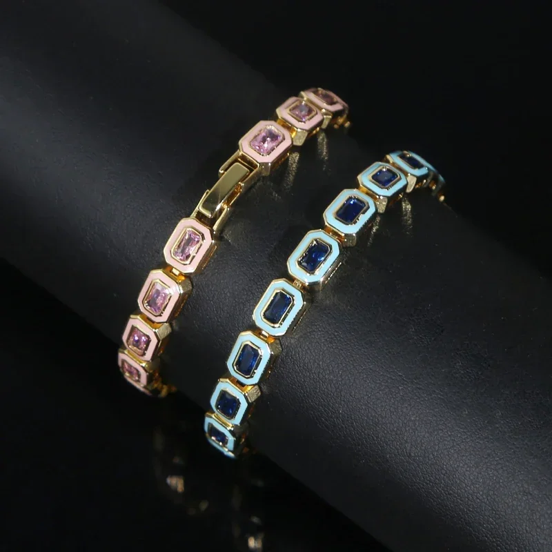 2025 New Arrived Colorful Geometric Square Bezel Set Blue Pink Cubic Zirconia CZ With Enamel Tennis Bracelet Jewelry For Women