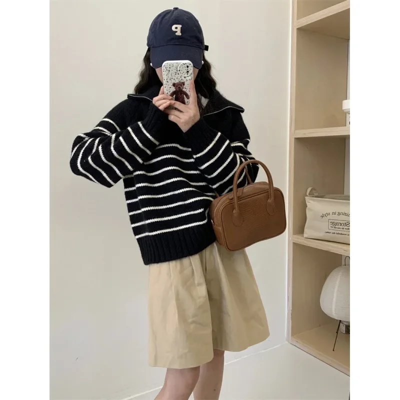 Women Fashion Mock Neck Striped Sweater Pullovers Lantern Sleeve Loose Casual Jumpers New Chic Autumn Winter Knit Shirts Sweater