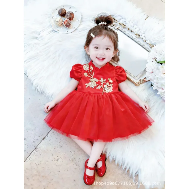 Spring and summer thin dresses for girls, elegant ancient-style gowns for baby girls, stylish festive dresses for birthday celeb