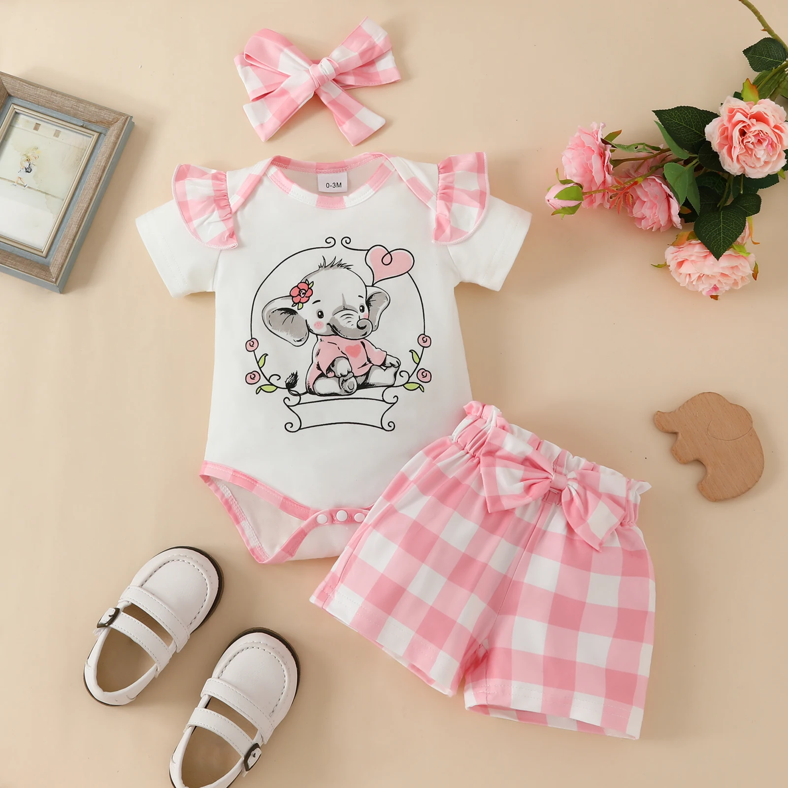 3 Pcs Baby girl cute elephant love short sleeve triangle sweater + plaid shorts + turban three-piece baby girl