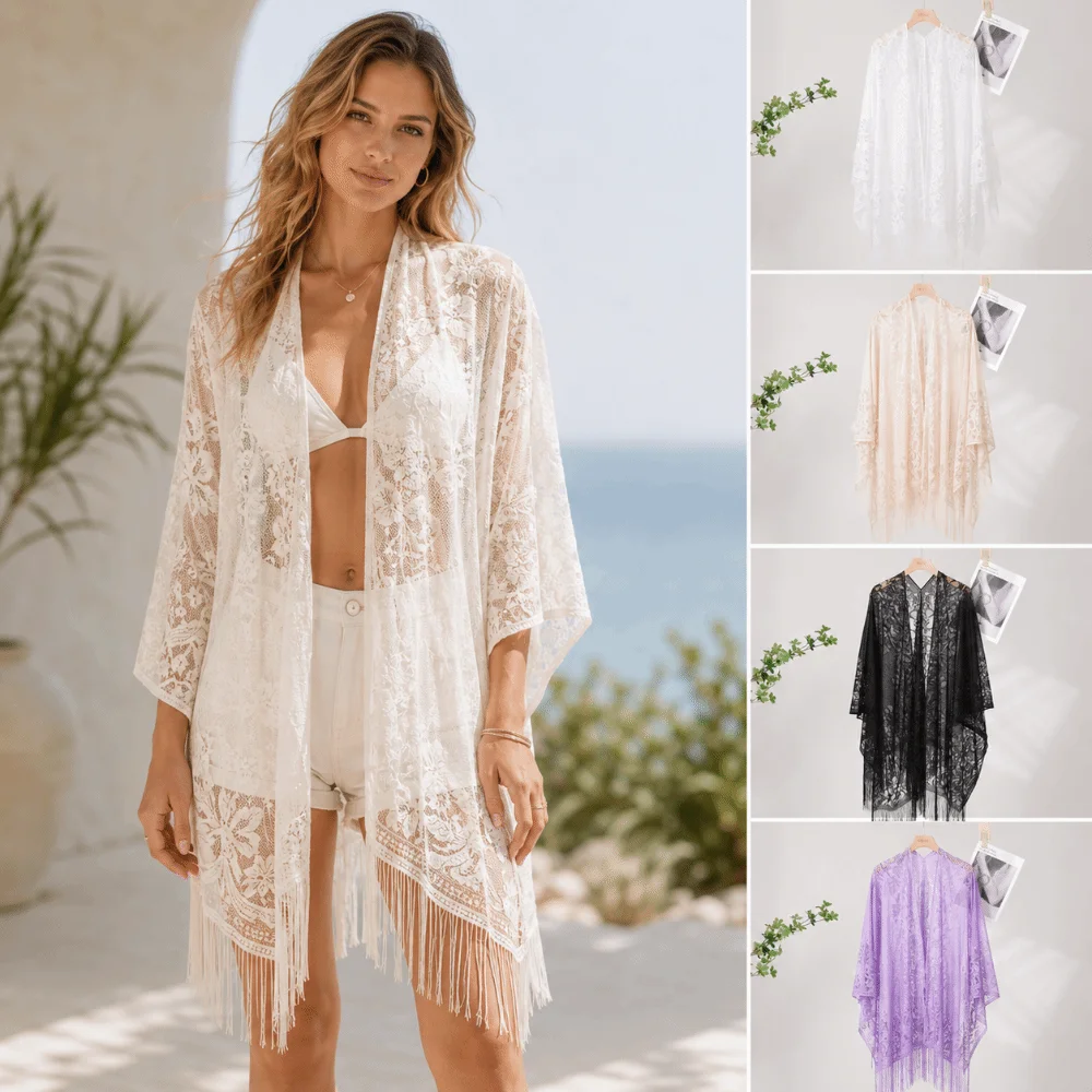 Floral Lace Beach Bikini Cover Up Tassel Fringe Hollow Floral Lace Shawl Multi-Purpose Loose Fit Sun Protection Scarf