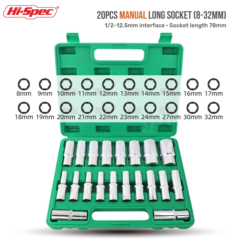 Hi-Spec 20 buah 1/2 ''-12.5MM 12 poin ekstensi heksagonal 20-Piece Bit soket Set Manual soket panjang dengan 1/2'' kunci pas